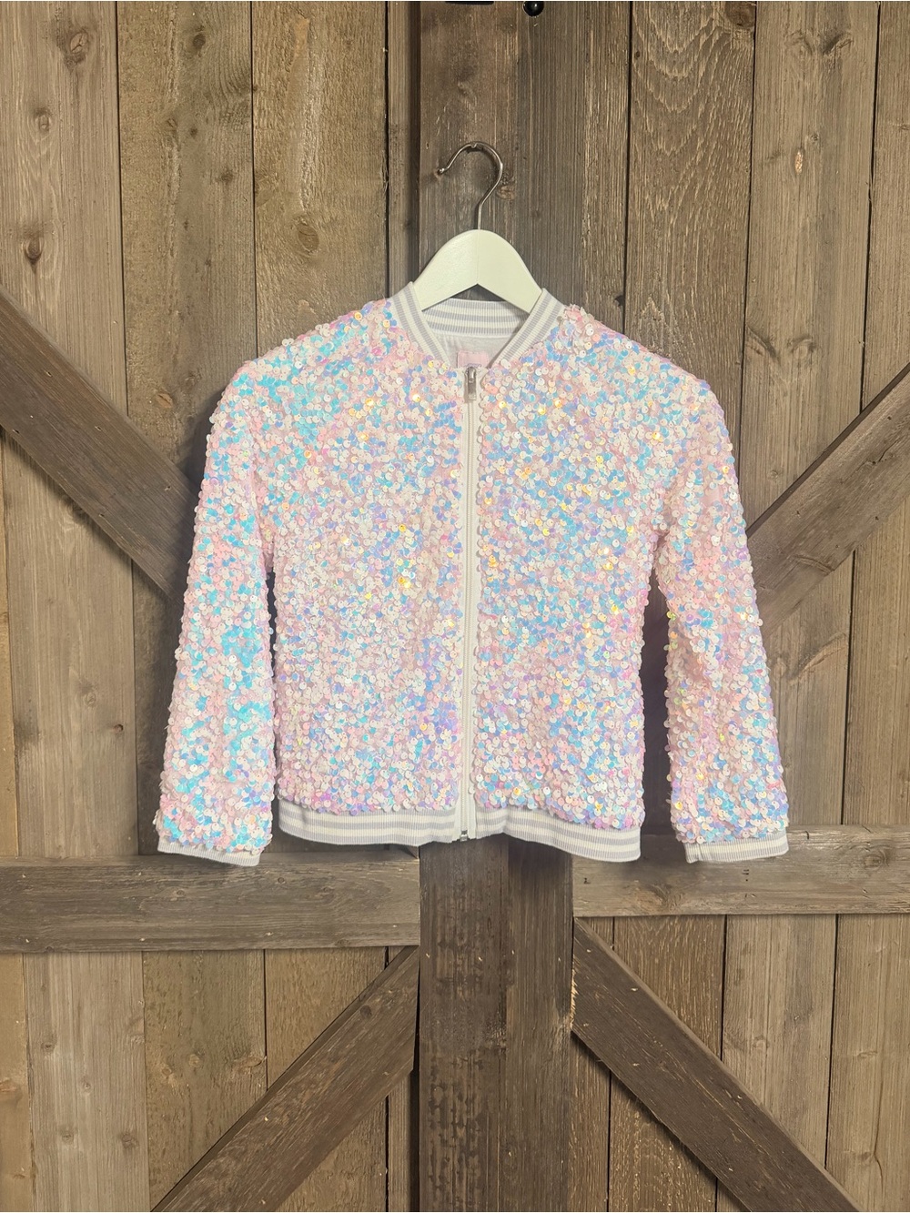 Kids Iridescent Sequin Zip Bomber Jacket